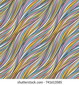 Hand drawn doodle seamless pattern with colorful hair lines and waves texture. Universal neutral background. Vector illustration