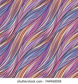 Hand drawn doodle seamless pattern with colorful hair lines and waves texture. Universal neutral background. Vector illustration