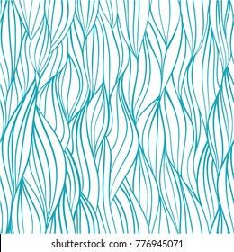 Hand drawn doodle seamless pattern with blue lines and waves texture on white background.  Vector illustration