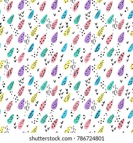 Hand drawn doodle seamless pattern with colorful water drops with brush strokes, stripes and dots. Childish texture for fabric, textile.Vector Illustration