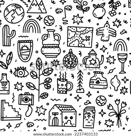 Hand drawn doodle seamless pattern, marker outlines. Black and white vector. Different elements: food, bird, mountains, map, plants, dishes, abstract element