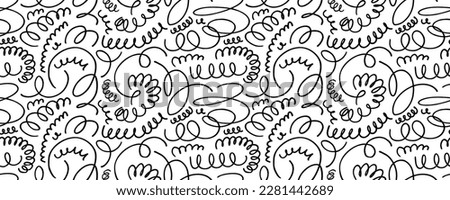 Hand drawn doodle seamless pattern. Tiny curved lines and swirles. Hand drawn swashes, swooshes and curls. Decorative whimsical lines in childish style. Modern abstract background. Abstract squiggles.