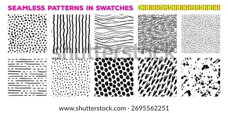 Hand drawn doodle seamless pattern set. Crayon drawn wavy lines, strokes and polka dots pattern swatches. Trendy monochrome brush marks for collages and scrapbook. Graphic doodle texture.