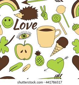 hand drawn doodle seamless repeated pattern vector illustration coffee, apple, ice cream, heart, arrow, rainbow, clover, love, acorn, lollipop, feather hedgehog pineapple isolated on white background