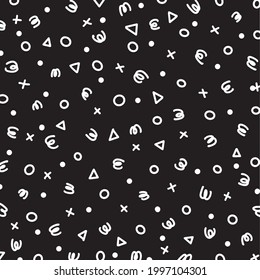 Hand drawn doodle seamless  vector pattern. White scribbles over black background digital texture. Marker or pen ink outline wallpaper. Geometric and abstract.
