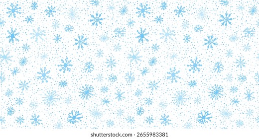 Handgezeichnetes Doodle nahtloses Wintermuster. Blaue Schneeflocken auf weißem Hintergrund für Stoff, Textil, Umschlagpapier, Karte, Einladung, Tapete, Webdesign. Neujahr, Weihnachtsbanner.