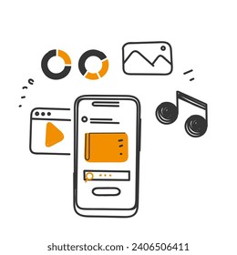 archivo de búsqueda de doodle dibujado a mano en el vector de ilustración de carpeta de smartphone