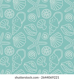 Hand drawn doodle seashell seamless pattern. Abstract vector background of ocean and sea animals. Summer illustration of marine life in line art.