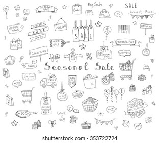 Hand drawn doodle Seasonal Sale Concept set Vector illustration Sketchy Sale icons Special offer elements Tags Clearance Shopping Ribbons Cart, Delivery truck Discount Save up to icons