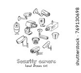 Hand drawn doodle security cameras set. Vector illustration. Isolated elements on white background. Symbol collection.