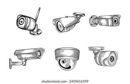 Hand drawn doodle security cameras set. Vector illustration. Isolated elements on white background. Symbol collection.