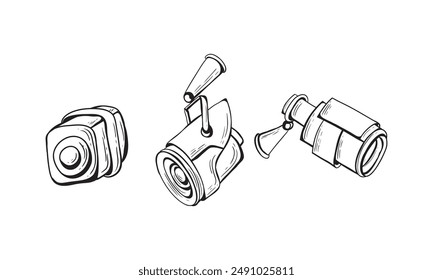 Hand drawn doodle security cameras set. Vector illustration. Isolated elements on white background. Symbol collection.