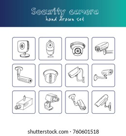Hand drawn doodle security cameras set. Vector illustration. Isolated elements on white background. Symbol collection.