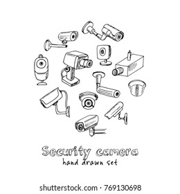 Hand drawn doodle security cameras set. Vector illustration. Isolated elements on white background. Symbol collection.