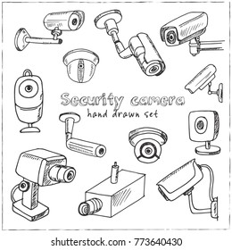 Hand drawn doodle security cameras set. Vector illustration. Isolated elements on white background. Symbol collection.
