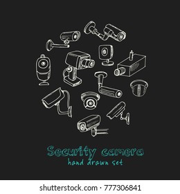 Hand drawn doodle security cameras set. Vector illustration. Isolated elements on chalkboard background. Symbol collection.