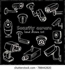 Hand drawn doodle security cameras set. Vector illustration. Isolated elements on chalkboard background. Symbol collection.