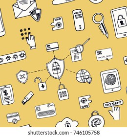 Hand drawn doodle security information seamless pattern Vector illustration. Symbol collection.