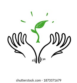 hand drawn doodle hand and seed plant illustration icon symbol for save the nature earth