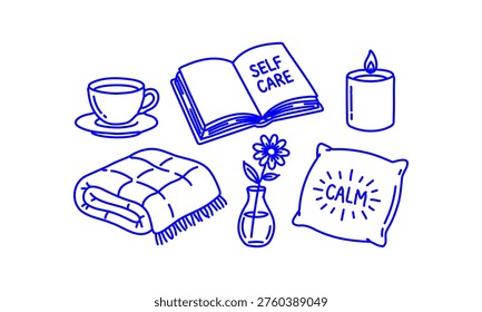 Hand Drawn Doodle Self Care Icons Set with Tea Cup Blanket Candle Pillow and Flowers Sketch Style Cozy Wellness Collection
