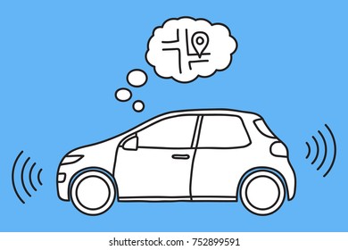 Hand drawn doodle of a self driving, driverless car with sensor and map thought cloud. White filled line art.