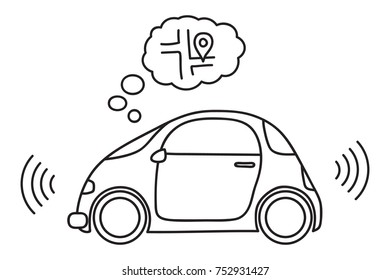 Hand drawn doodle of a self driving, driverless car with map thought cloud. Unfilled line art.