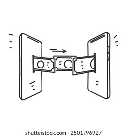 hand drawn doodle send and receive money payment from mobile phone to mobile phone