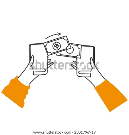 hand drawn doodle send and receive money payment from mobile phone to mobile phone