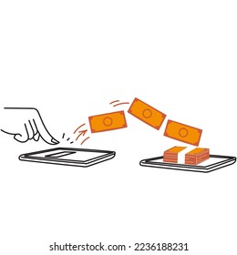 doodle dibujado a mano que envía y recibe dinero con vector de ilustración de teléfono móvil