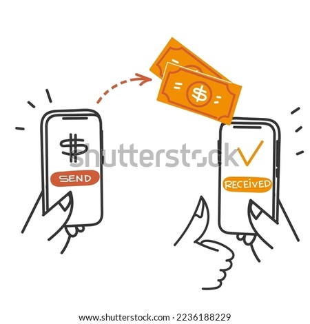 hand drawn doodle sending and receiving money with mobile phone illustration vector