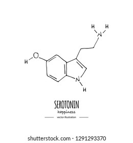 Hand drawn doodle Serotonin chemical formula icon Vector illustration Cartoon molecule Sketch happiness symbol molecular structure Structural scientific hormone formula isolated on white background