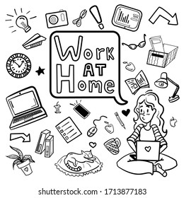 Handgezeichnete Doodle über die Arbeit im Haus. Einzeln auf weißem Hintergrund.  Cute Vektorillustration Illustration. Startseite