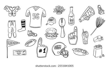 Hand drawn doodle set with American football themed items such as jerseys, helmets, footballs, foam fingers, cheer gear, food, and beverages. Vector outline drawing isolated on white background