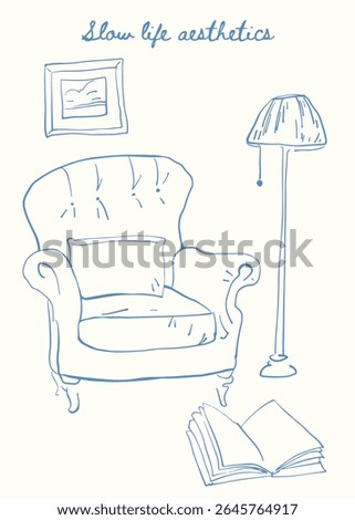 Hand drawn doodle set of an armchair, floor lamp, painting and a book. Vector objects isolated on color background. Slow life aesthetics doodles. Library hand drawn objects.