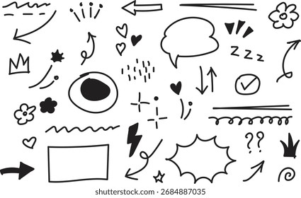 Juego de Doodle dibujado a mano con flechas Burbujas de discurso Corazones Flores y símbolos divertidos