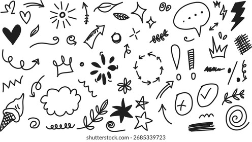 Juego de garabatos dibujados a mano con flechas Estrellas Coronas Corazones Burbujas de discurso y Elementos divertidos