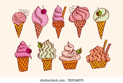Hand drawn doodle set of assorted ice cream types. Waffle cone, cup ice cream, popsicle, sundae. Sketch style vector illustration for cafe menu, card, birthday decoration. cartoon hand drawn food.