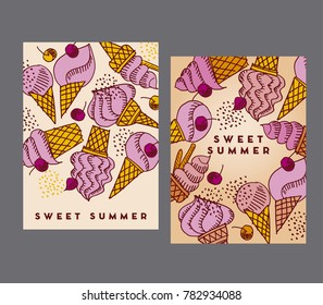 Hand drawn doodle set of assorted ice cream types. Waffle cone, cup ice cream, popsicle, sundae. Sketch style vector illustration for cafe menu, card, birthday decoration. sweet vector greeting card.
