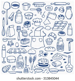 Hand drawn doodle set with bakery elements on squared paper. Vector illustration for backgrounds, web design, design elements, textile prints, covers 