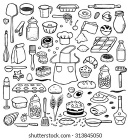 Hand drawn doodle set with bakery elements. Vector illustration for backgrounds, web design, design elements, textile prints, covers 