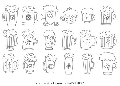 Hand drawn doodle set of beer mugs for St. Patrick’s Day. Black outline vector illustration with foamy drinks, shamrocks and decorative elements. For coloring pages, clipart, and festive projects