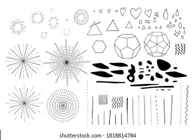 Hand drawn doodle set of black line art in boho style. Abstract design elements and geometry figures. Isolated on white background. Vector illustration.