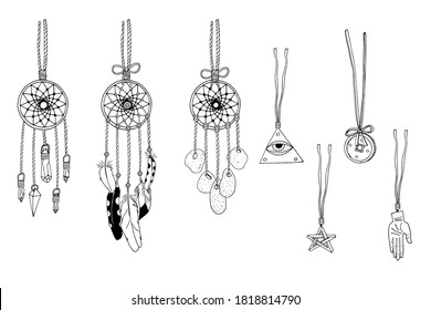 Hand drawn doodle set of black line art in boho style. Dreamcatchers and pendants collection. Isolated on white background. Vector illustration.