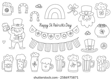 Hand drawn doodle set with black outlines for St. Patrick’s Day. Includes leprechauns, beer mugs, rainbows, shamrocks, gold coins, and garlands. Great for coloring pages, crafts, and festive designs