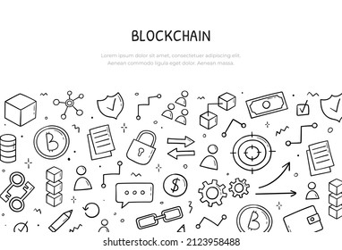 Hand Drawn Doodle Set Of Blockchain Theme Items. Horizontal Banner Template. Cryptocurrency Concept In Sketch Style. Vector Electronic Commerce Illustration.