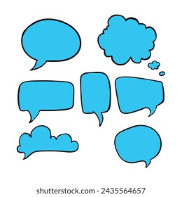 Hand drawn doodle set of blue speech bubbles isolated on white background. Vector illustration.