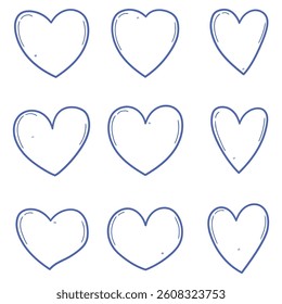 Hand drawn doodle set of blue hearts isolated on white background. Vector illustration.