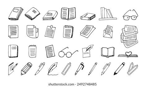 Hand drawn doodle set of books, pens and notes about learning and writing