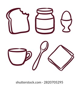Hand drawn doodle set of breakfast food items including bread slice jam jar boiled egg coffee cup and spoon