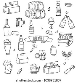 Hand drawn doodle set of Brewery icons. Vector illustration set. Cartoon Craft Beer production symbols. Sketchy brewing elements collection: pub equipment, malt, hop, glass, barrel, mill, beer tap.